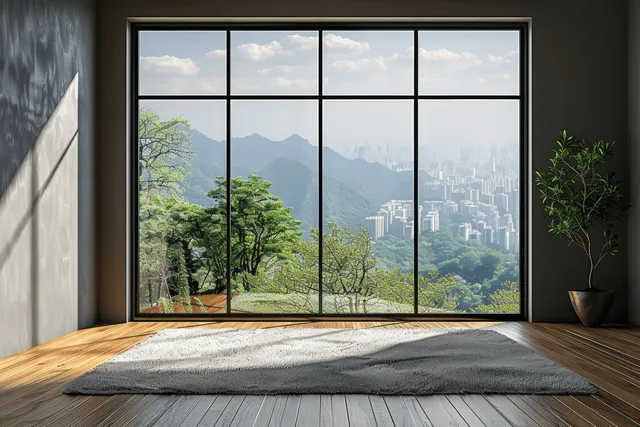 Empty modern room with wood floor and a panoramic window showing green trees and distant city skyline.