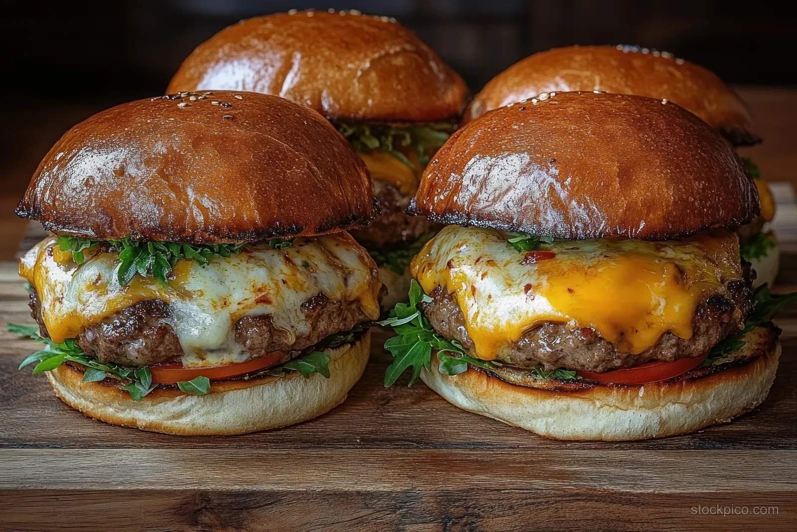 Four cheeseburgers with melted cheese, lettuce, and tomato sit on a wooden board with toasted buns.