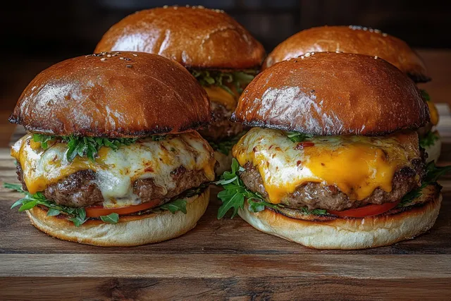 Four cheeseburgers with melted cheese, lettuce, and tomato sit on a wooden board with toasted buns.