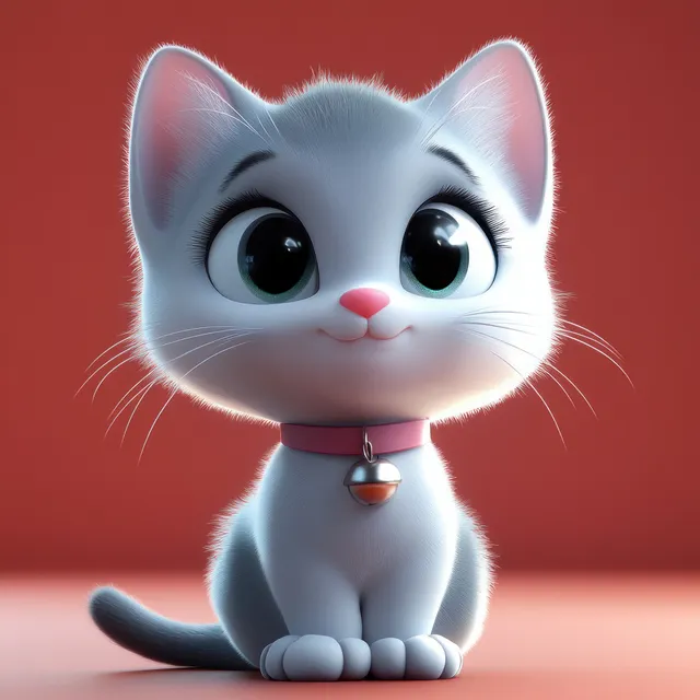 3D cartoon kitten sits and smiles, soft pastel lighting on warm red background