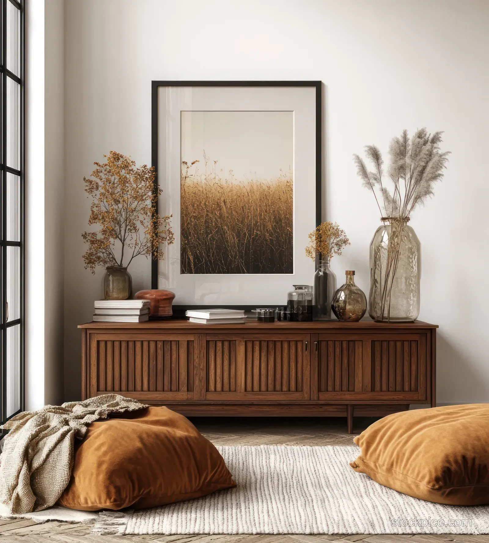 Scandinavian living room with wooden cabinet, framed wall art, vases, and two cushions on a rug in soft daylight.