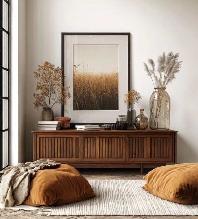 Scandinavian living room with wooden cabinet, framed wall art, vases, and two cushions on a rug in soft daylight.