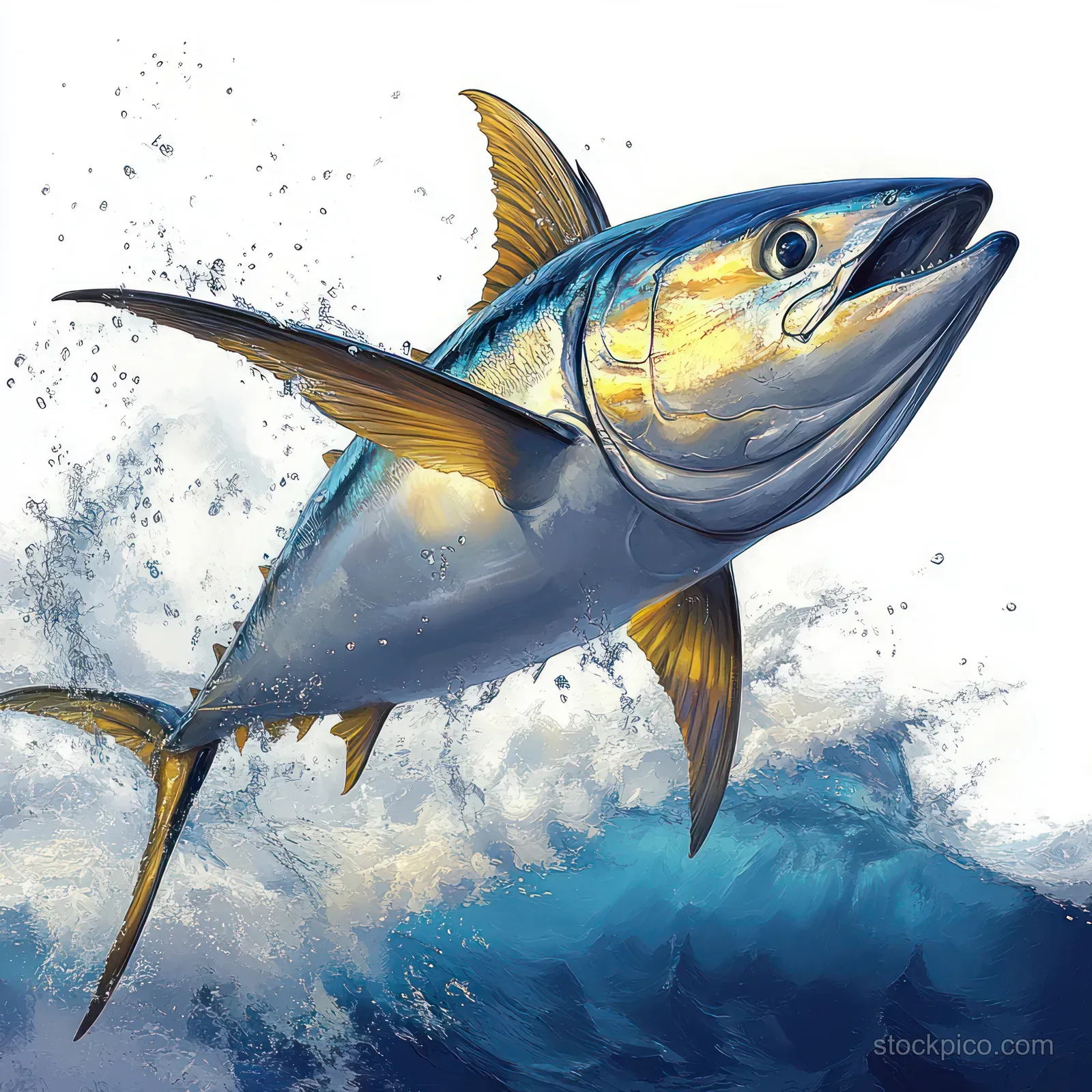 Bluefin tuna leaps from ocean water with shimmering scales and a large splash behind it.