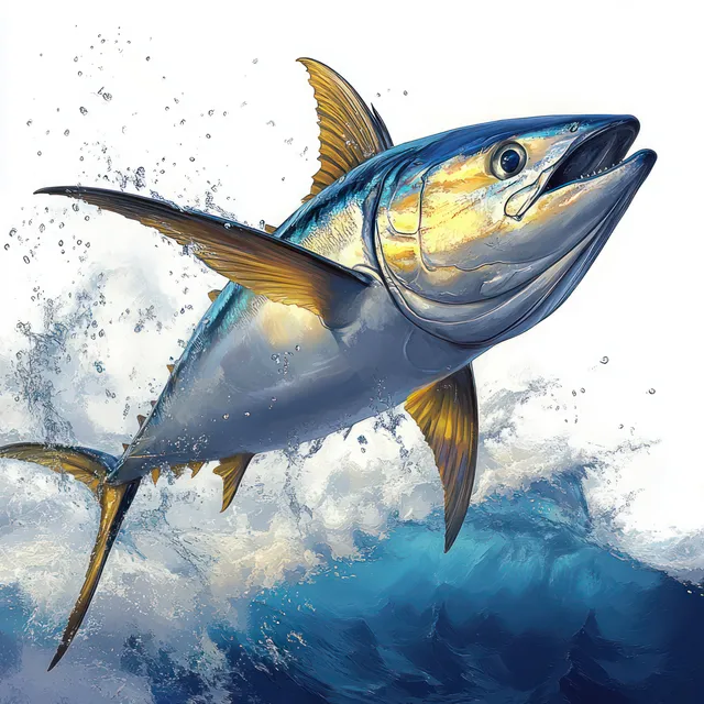 Bluefin tuna leaping from ocean water, iridescent scales and dramatic splash