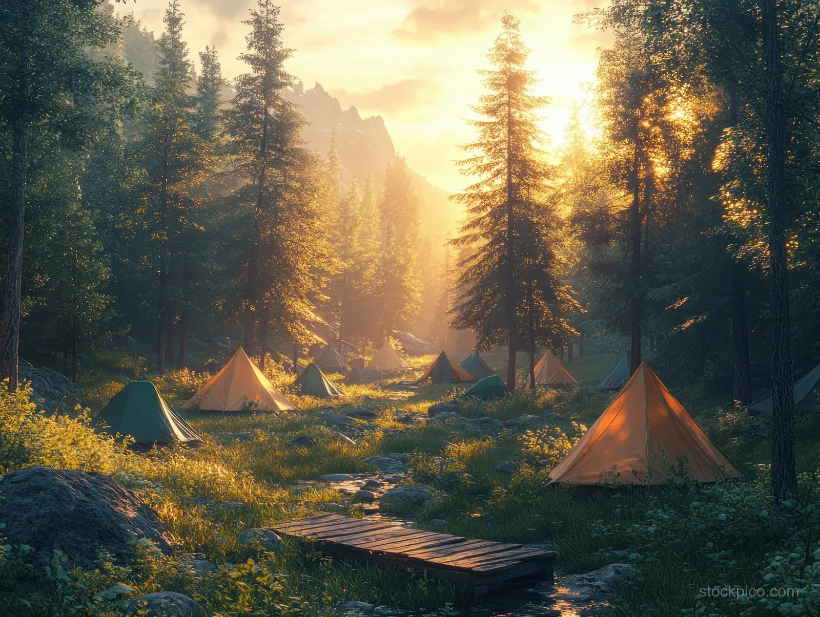 Colorful tents in a pine forest campsite glow in soft sunrise light on a grassy hill.