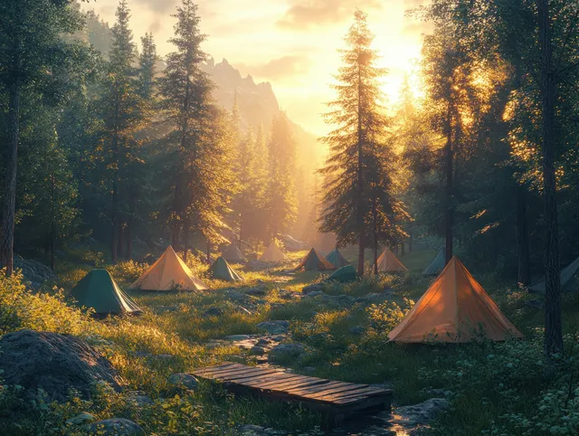 Colorful tents in a pine forest campsite on a grassy hill at sunrise