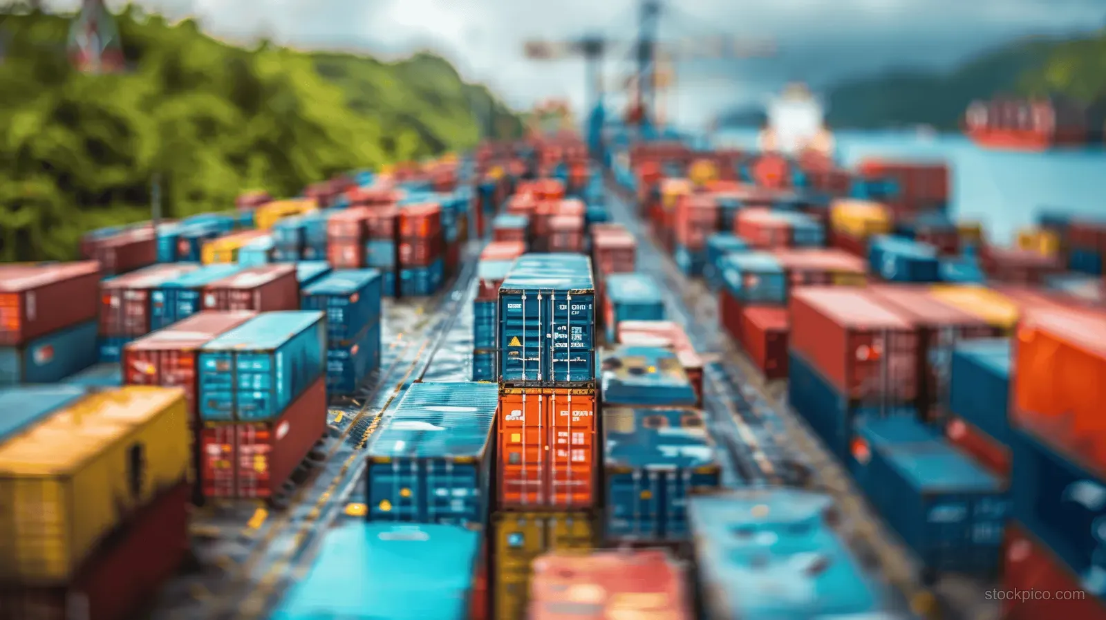 Stacked cargo containers stretch along a port dock with cranes and ships in the background.