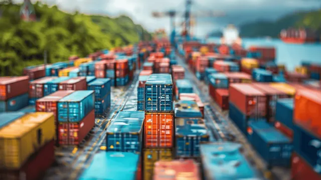 Stacked cargo containers stretch along a port dock with cranes and ships in the background.