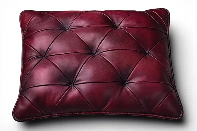 Deep burgundy tufted leather cushion with glossy surface and diamond stitching seams.