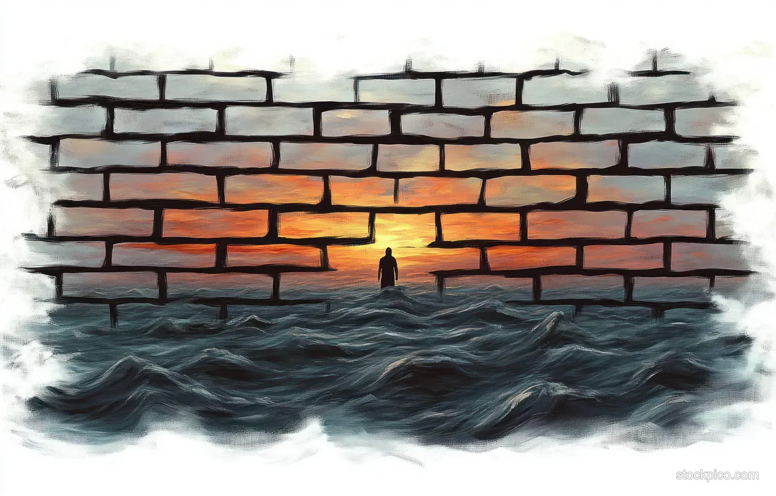 Silhouette stands in turbulent waves before a brick wall with gaps showing a colorful sunset sky.