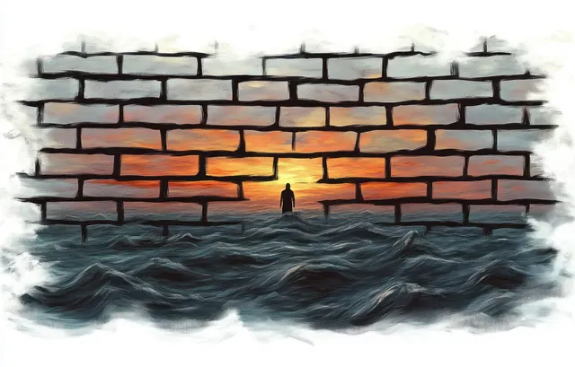 Silhouette stands in turbulent waves before a brick wall with gaps showing a colorful sunset sky.