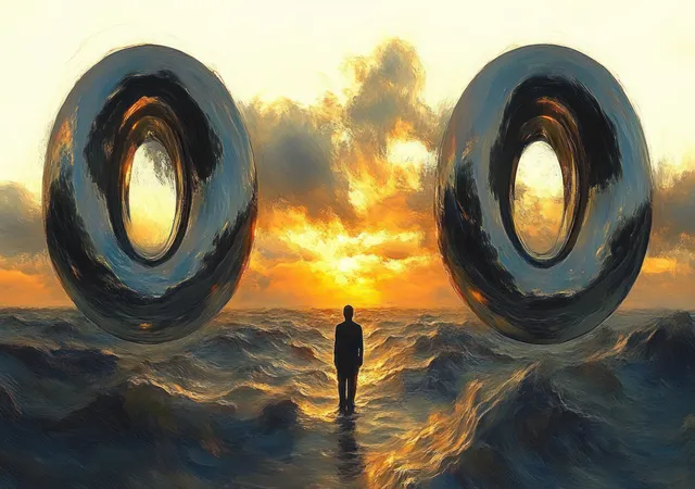Silhouetted person stands in rough water between two floating metallic ring sculptures under a glowing sunset sky.
