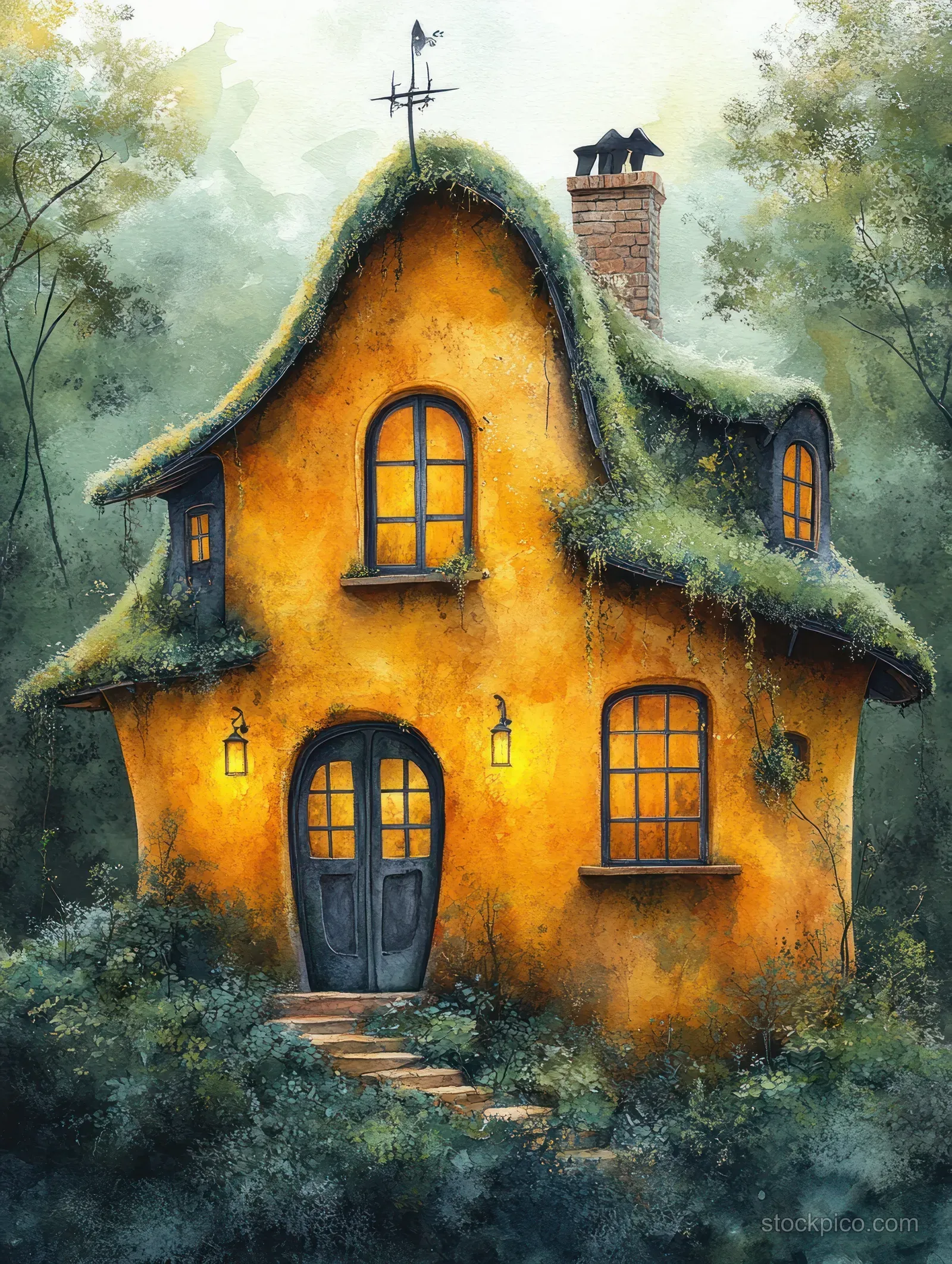 A crooked yellow fairy-tale cottage with arched windows and a mossy roof glows in golden sunlight within a lush green forest.