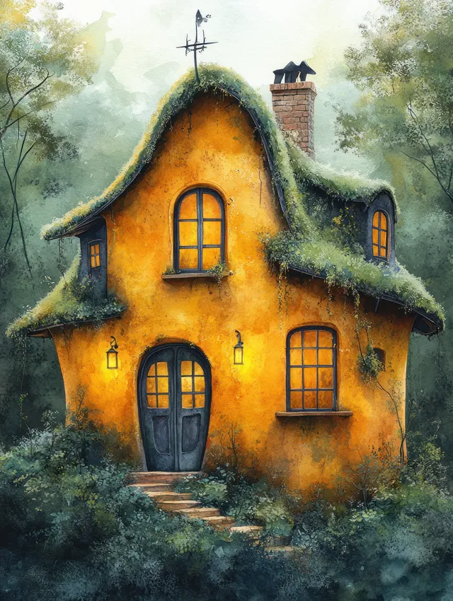 A crooked yellow fairy-tale cottage with arched windows and a mossy roof glows in golden sunlight within a lush green forest.