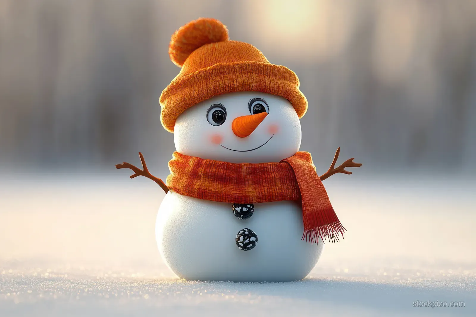 A smiling 3D snowman in an orange hat and scarf waves in a snowy winter background.