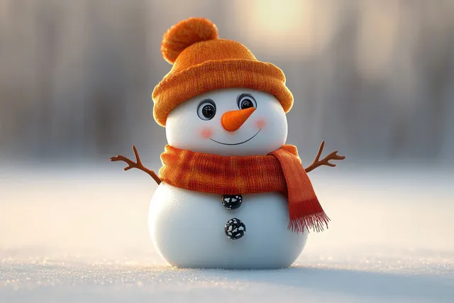 A smiling 3D snowman in an orange hat and scarf waves in a snowy winter background.