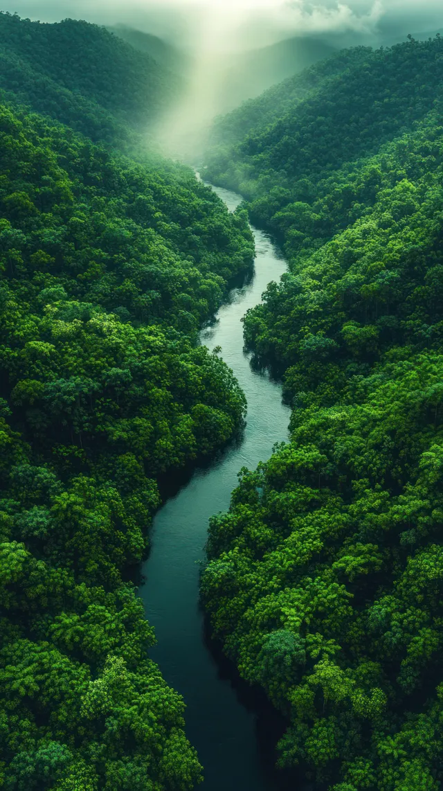 A winding river runs through dense green forest below a misty sky with sun rays breaking through clouds.