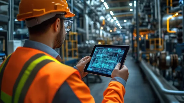 Safety-helmeted engineer reviewing digital blueprints on tablet inside factory workshop aisle