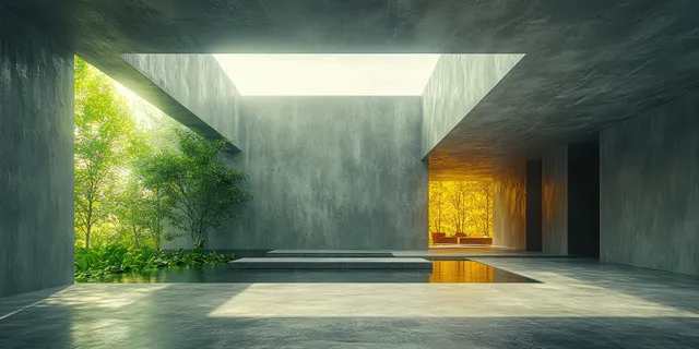 Concrete interior with skylight openings casting angled light shafts into recessed niches and shadows.