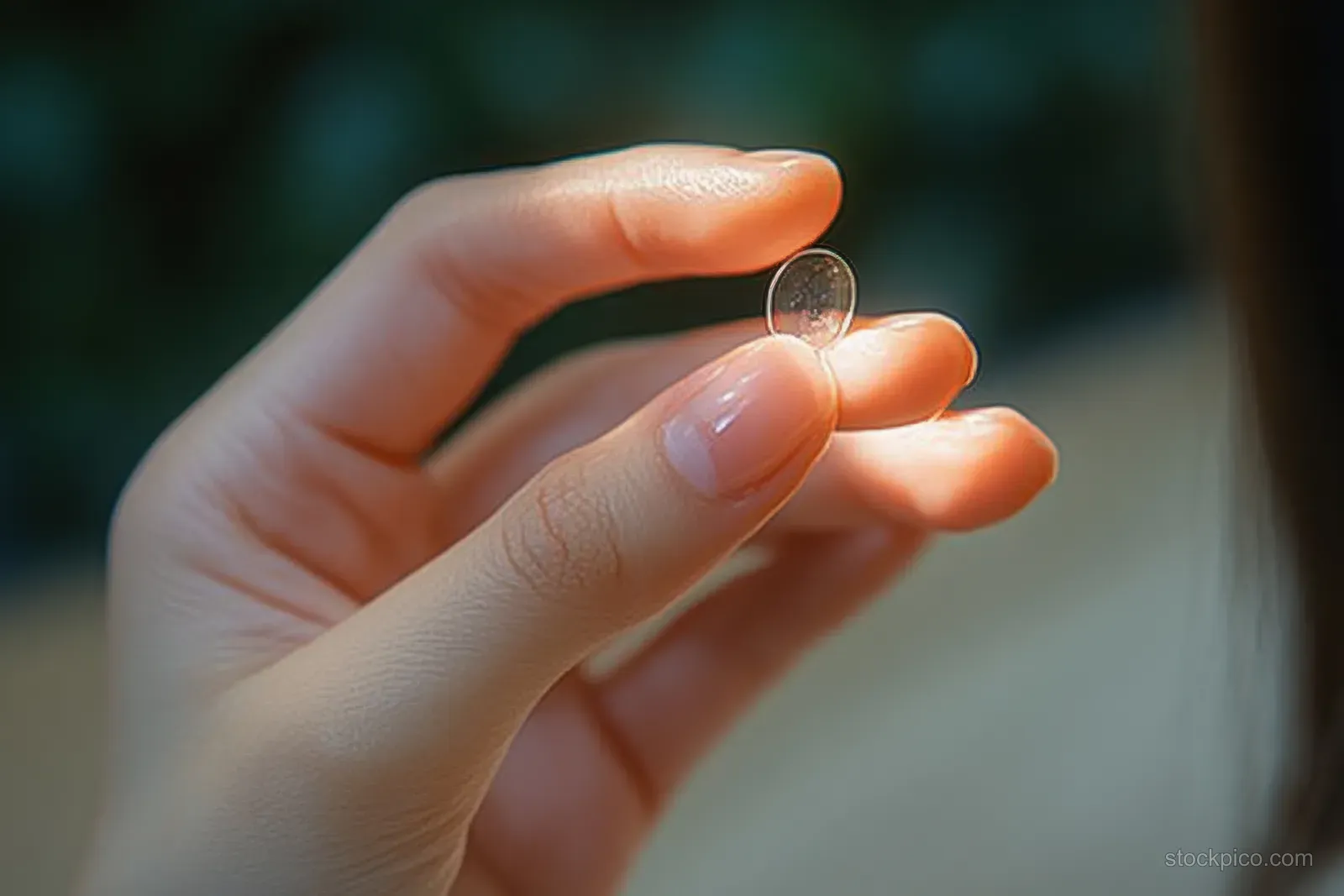 Asian woman’s fingers hold a transparent contact lens near her eye in a softly lit home interior.