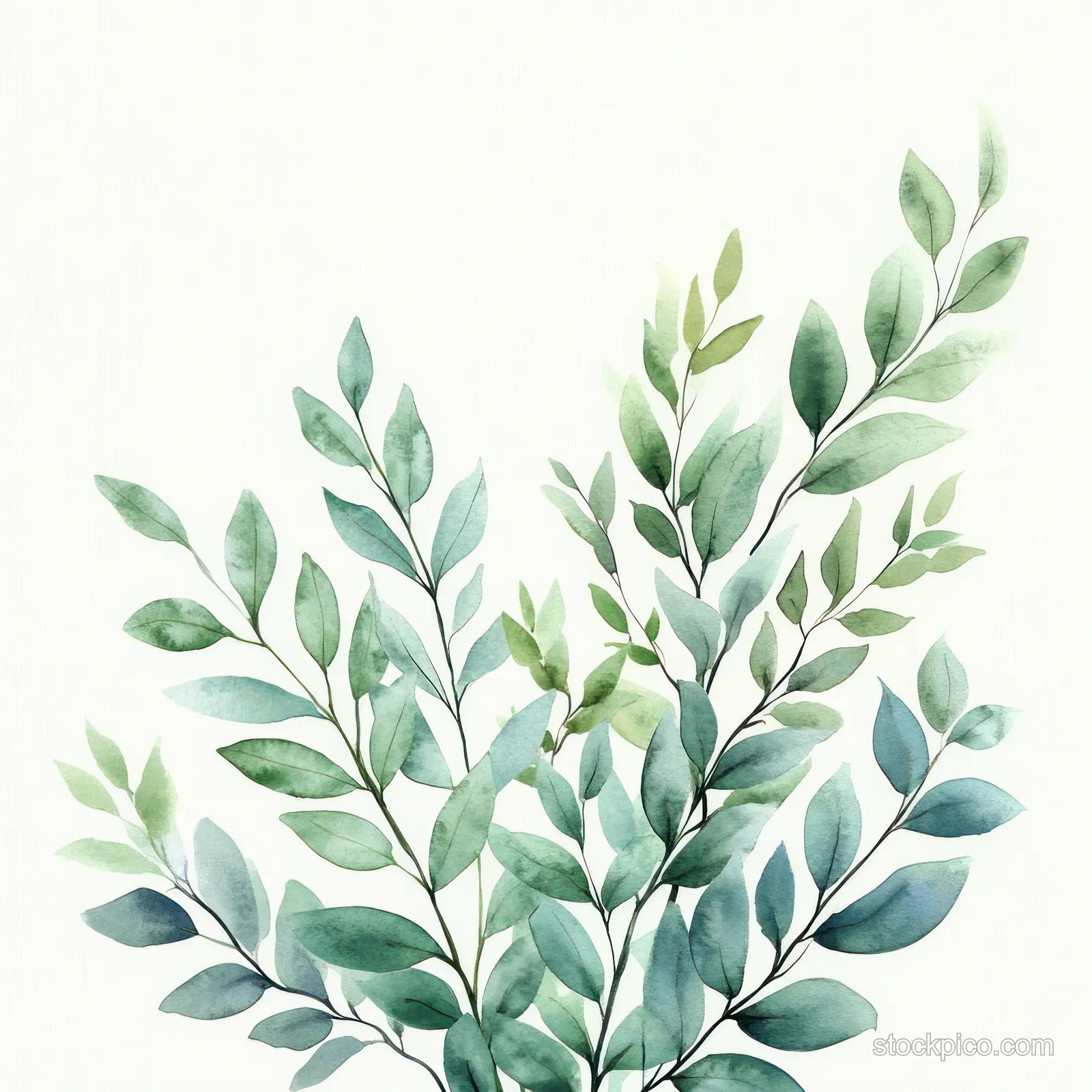 Watercolor eucalyptus and fern leaves arranged in a layered cluster on a cream background.