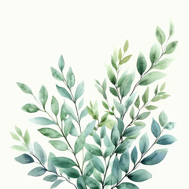 Watercolor eucalyptus and fern leaves arranged on a soft cream background