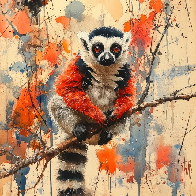 Watercolor ring-tailed lemur perched on a branch, framed by splattered orange and blue