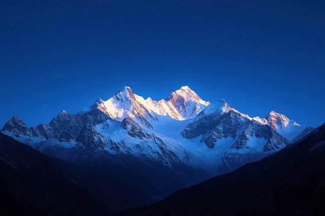 Snowy Mountain Peaks Under a Starry Twilight Sky