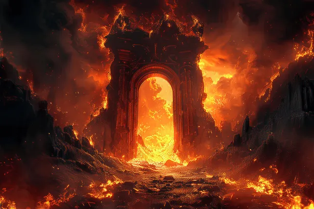 An arched hell gate erupts with glowing lava as dark demons loom in a fiery inferno landscape.
