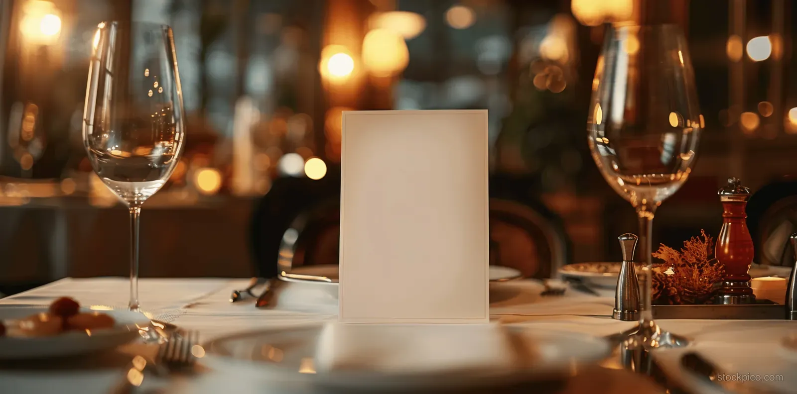 A fine-dining table at a wedding dinner with a blank white menu card, wine glasses, and warm blurred lights.