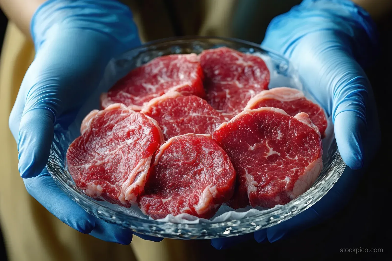 Blue-gloved hands hold a glass dish with red raw meat slices in a laboratory setting.