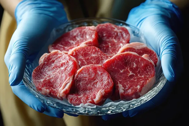 Blue-gloved hands hold a glass dish with red raw meat slices in a laboratory setting.