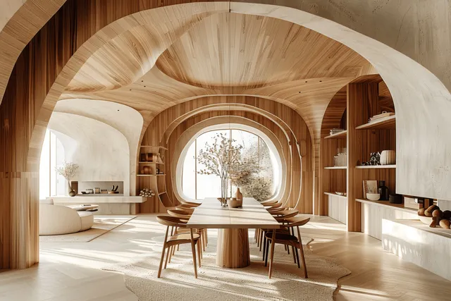Minimalist dining room with curved wooden walls, arched shelves, and pendant light
