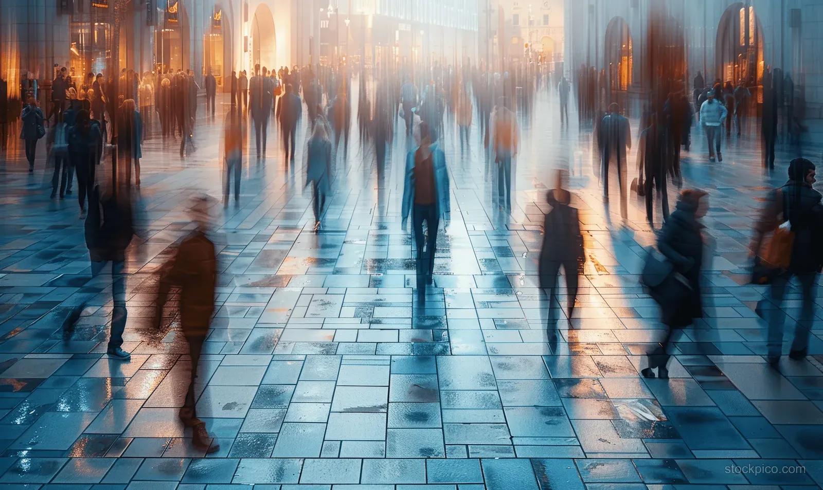 Blurred commuters walk across a tiled city square in soft dusk light.