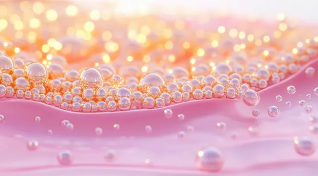 Macro collagen serum surface with tiny bubbles and glossy pink liquid glowing under soft golden light.
