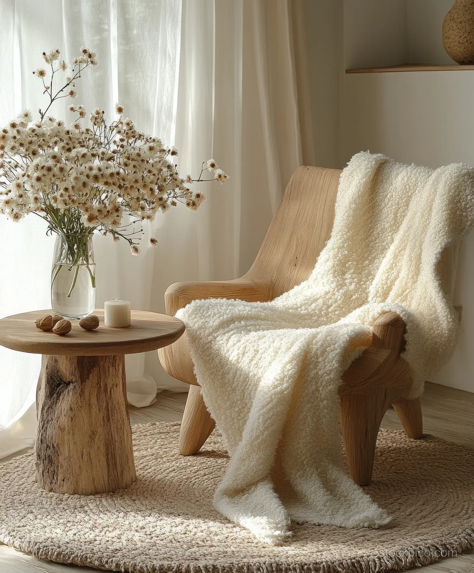 A wooden chair wrapped in a white blanket sits beside a small round table with wildflowers near sheer curtains.
