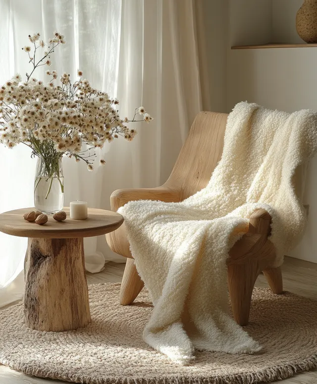 A wooden chair wrapped in a white blanket sits beside a small round table with wildflowers near sheer curtains.