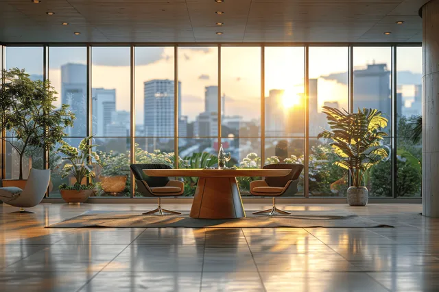 Sunlit office meeting room with round table, panoramic windows, and blurred skyline view