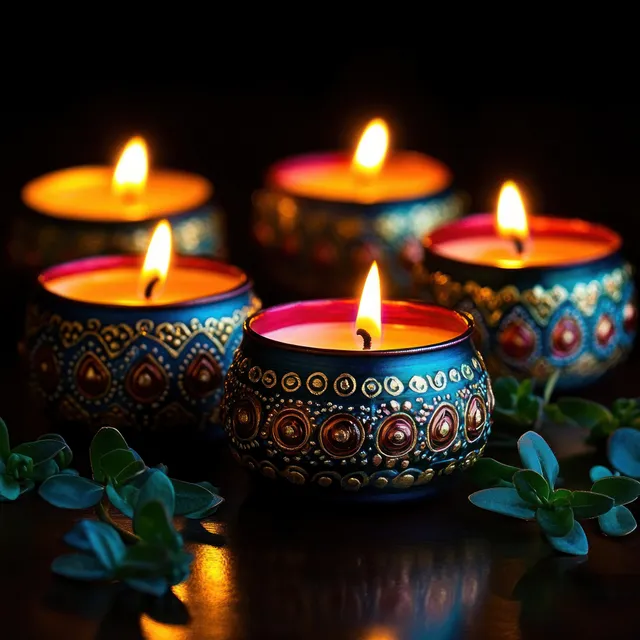 Several colorful diyas glow with small flames on a dark reflective surface with green leaves around them.