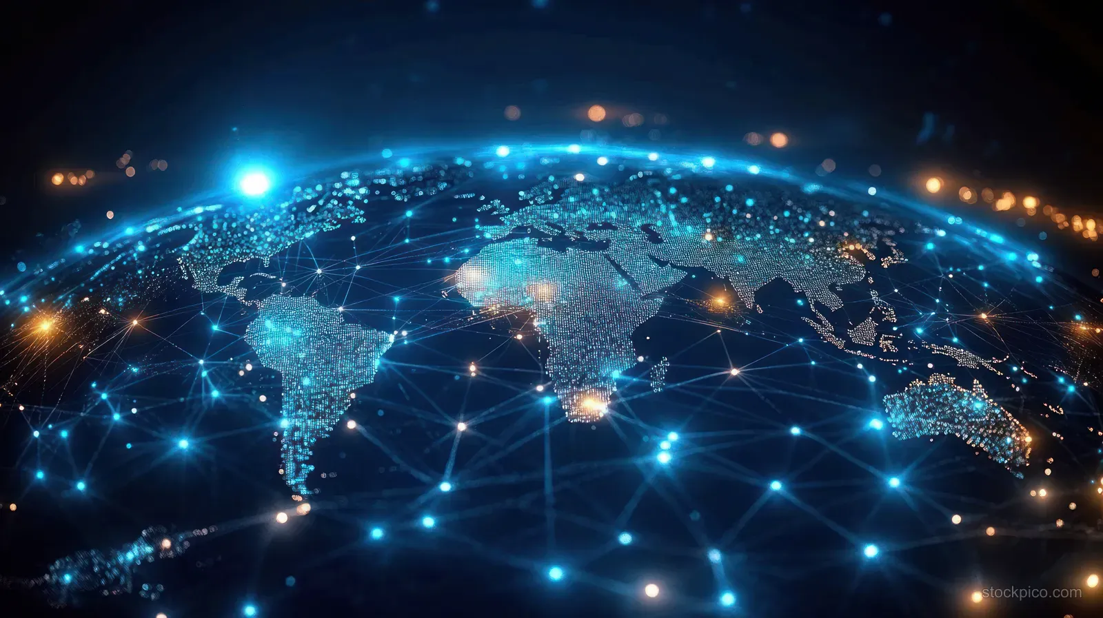 Futuristic world map at night with glowing blue network nodes and connecting lines across continents.