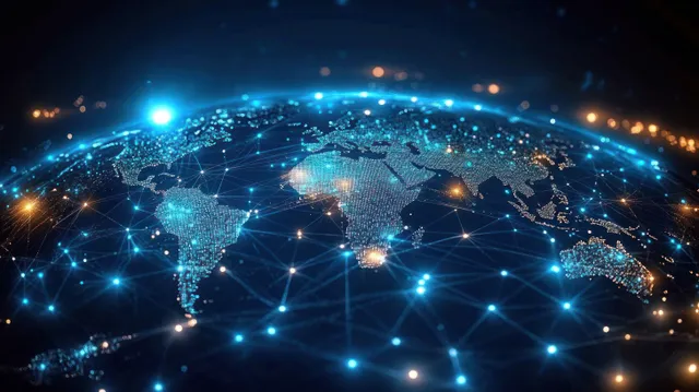 Futuristic global map at night with glowing network nodes connecting continents