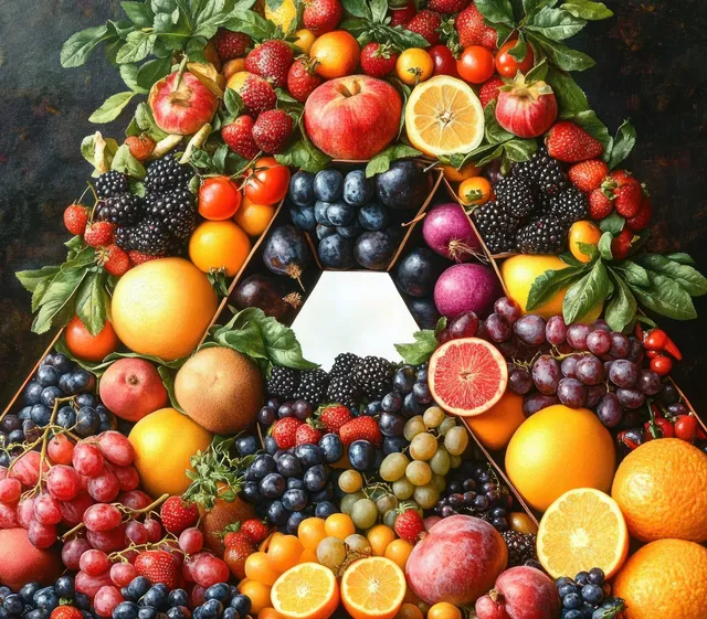 Assorted fruits and citrus slices arranged in geometric layers on a dark textured background.