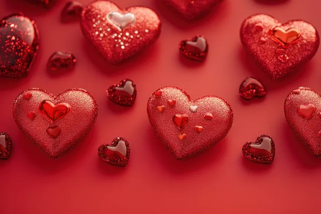Red heart ornaments and small glitter hearts scattered on a red background in a top-down flat lay.