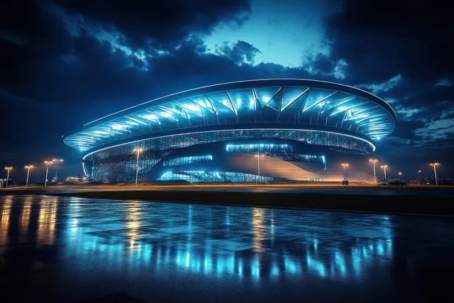 A neon-lit cyberpunk stadium glows over wet reflective ground beneath dark storm clouds.