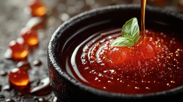 Glossy fig jam spread in a dark bowl with fresh mint leaf and natural light highlights
