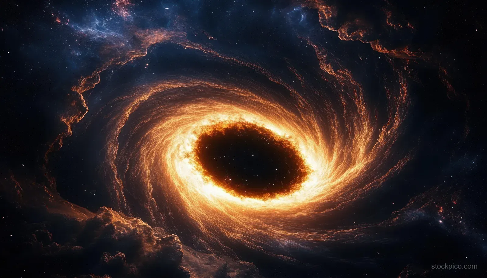 A glowing orange and yellow gas vortex surrounds a dark black hole in a star-filled deep space scene.
