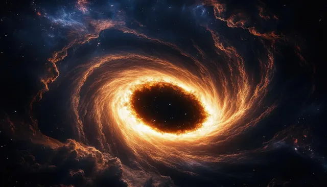 A glowing orange and yellow gas vortex surrounds a dark black hole in a star-filled deep space scene.