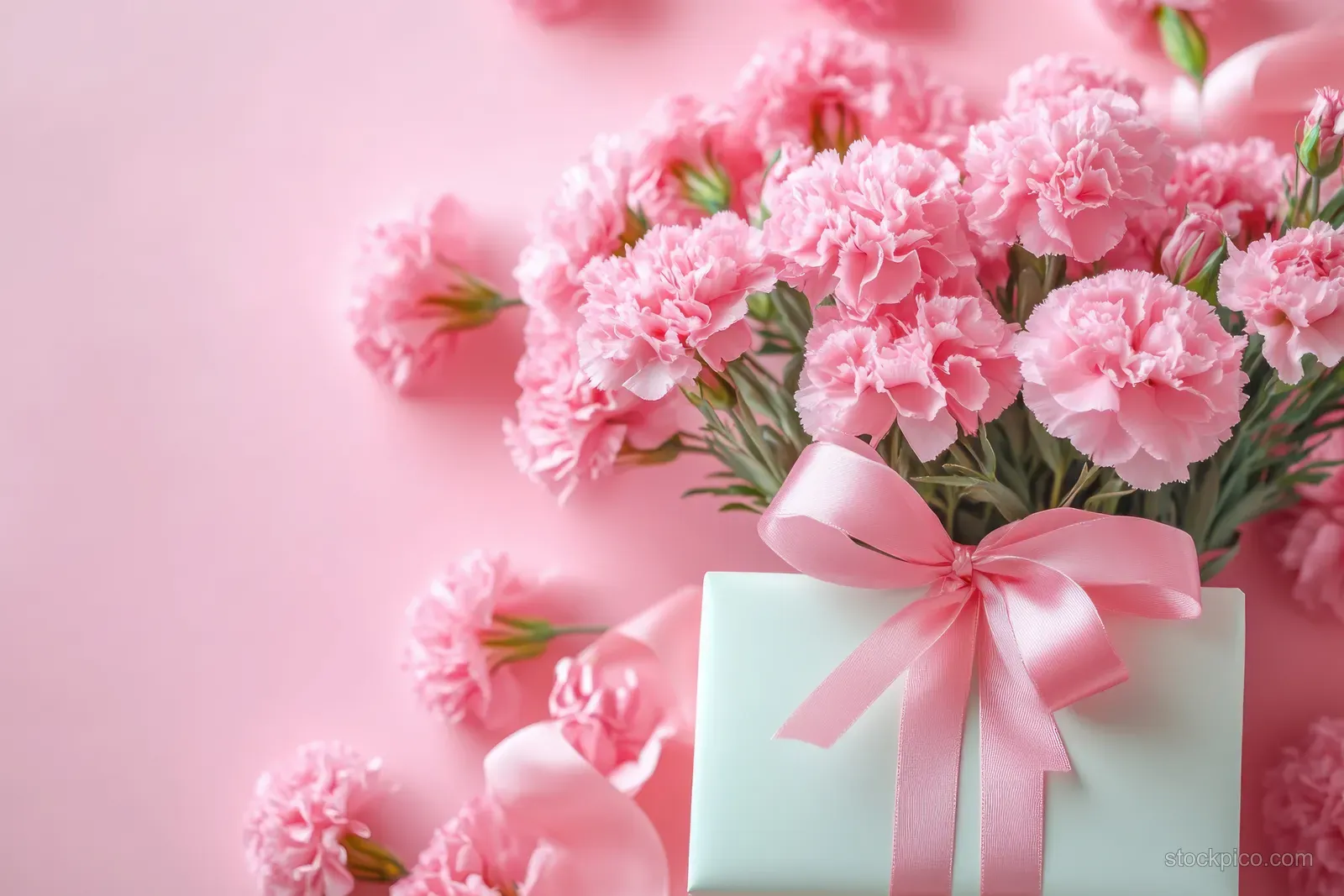 Mother’s Day gift box with a pink ribbon bow and surrounding pink carnations on a soft pastel background.