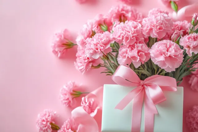 Mother’s Day gift box with pink carnations and satin ribbon on soft pastel background