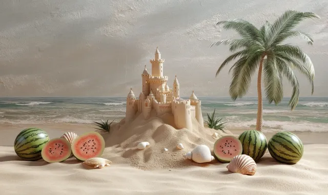 Intricate sandcastle on a beach with ocean waves, watermelons, seashells, and a palm tree with Fruit Still Life